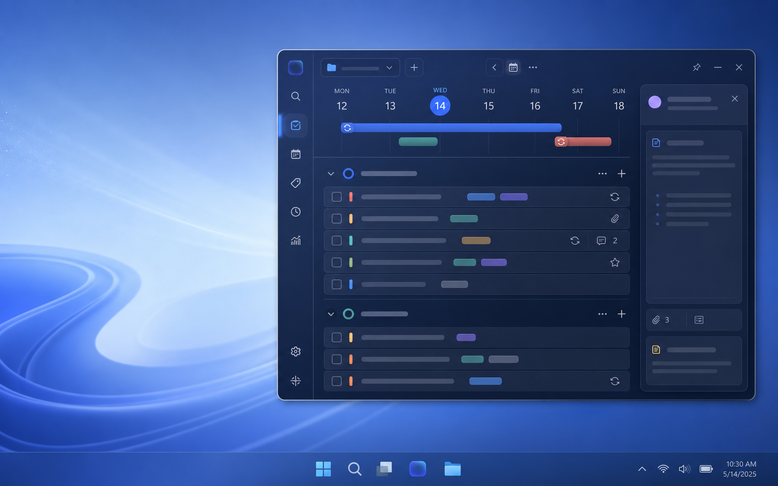 Giao diện AntiTask luôn hiện trên Windows desktop, với lịch tuần, task, ưu tiên, tags và ghi chú liên kết